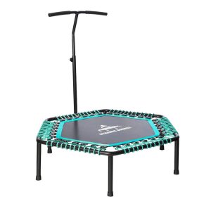 Turquoise Rebounder Mini Trampoline with handle bar full view from back
